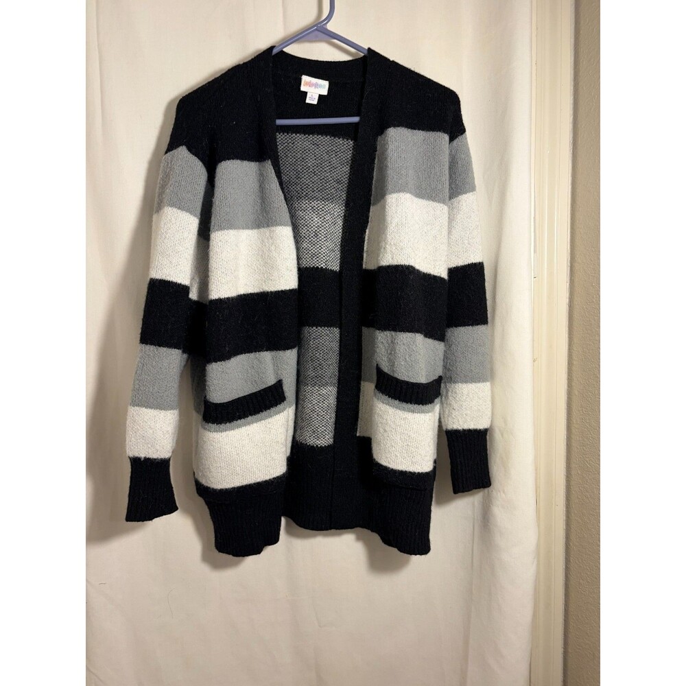 LuLaRose open front striped knit cardigan black gray white size L